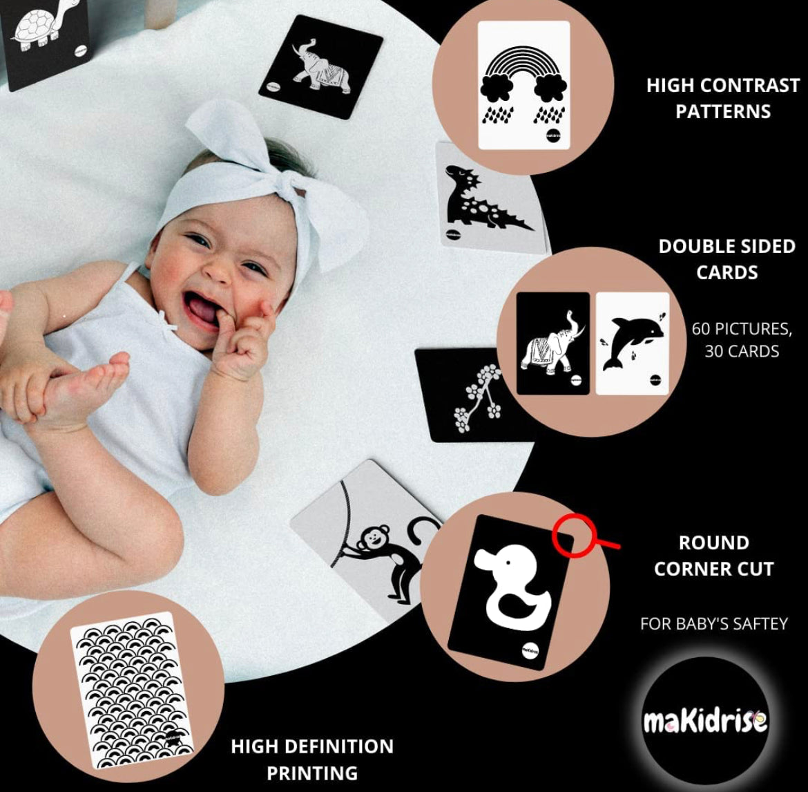 بطاقات تعليمية حسية للأطفال  أبيض وأسود ٦٠ بطاقة